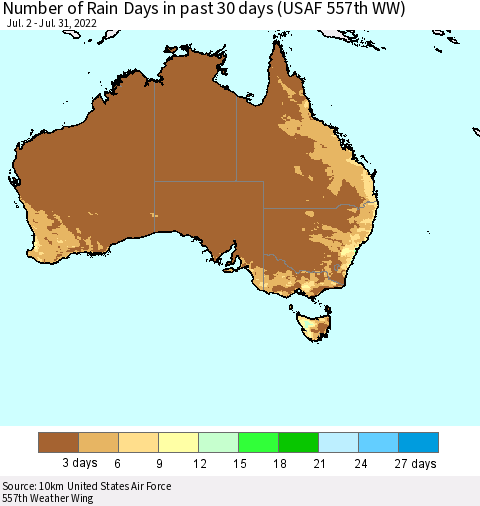 Australia Number of Rain Days in past 30 days (USAF 557th WW) 07/31/2022 Thematic Map For 7/26/2022 - 7/31/2022