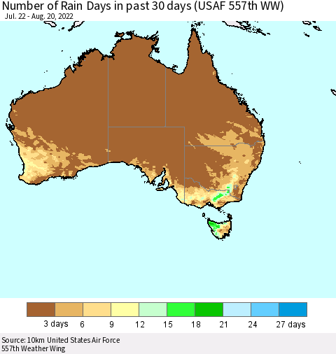 Australia Number of Rain Days in past 30 days (USAF 557th WW) 08/20/2022 Thematic Map For 8/16/2022 - 8/20/2022