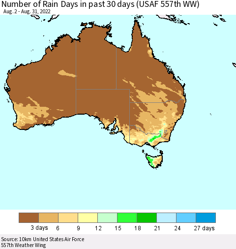 Australia Number of Rain Days in past 30 days (USAF 557th WW) 08/31/2022 Thematic Map For 8/26/2022 - 8/31/2022