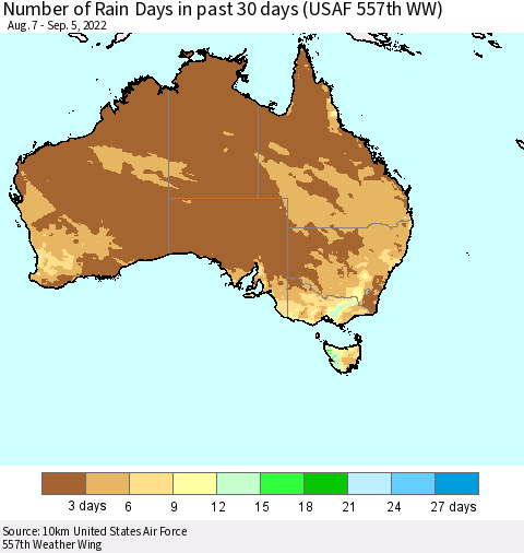 Australia Number of Rain Days in past 30 days (USAF 557th WW) 09/05/2022 Thematic Map For 9/1/2022 - 9/5/2022