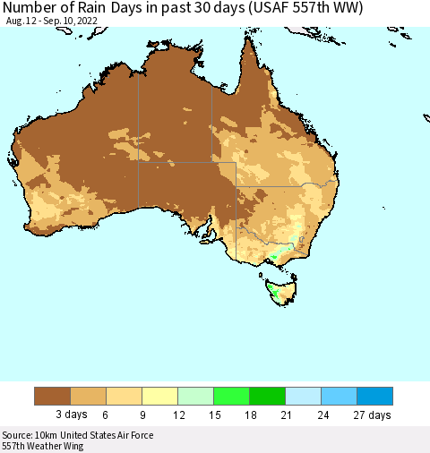 Australia Number of Rain Days in past 30 days (USAF 557th WW) 09/10/2022 Thematic Map For 9/6/2022 - 9/10/2022