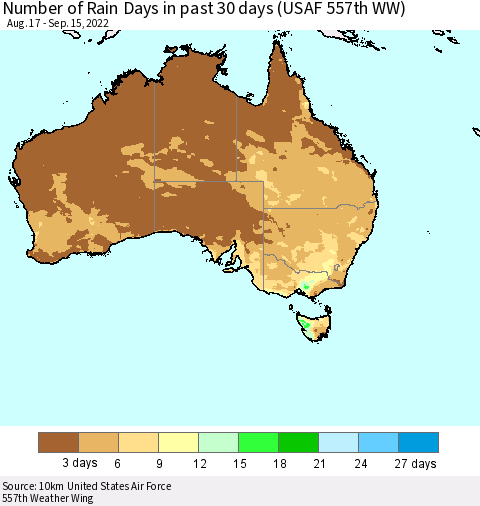 Australia Number of Rain Days in past 30 days (USAF 557th WW) 09/15/2022 Thematic Map For 9/11/2022 - 9/15/2022