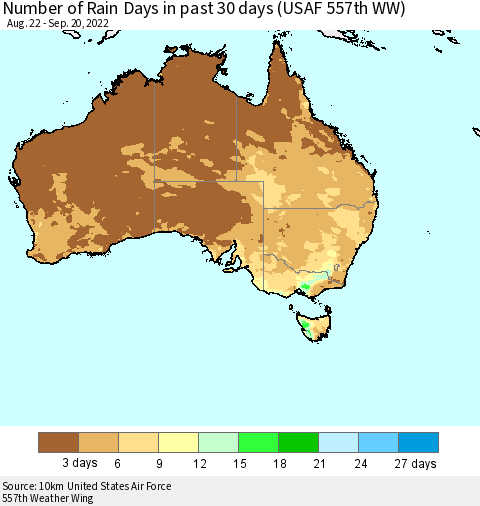Australia Number of Rain Days in past 30 days (USAF 557th WW) 09/20/2022 Thematic Map For 9/16/2022 - 9/20/2022