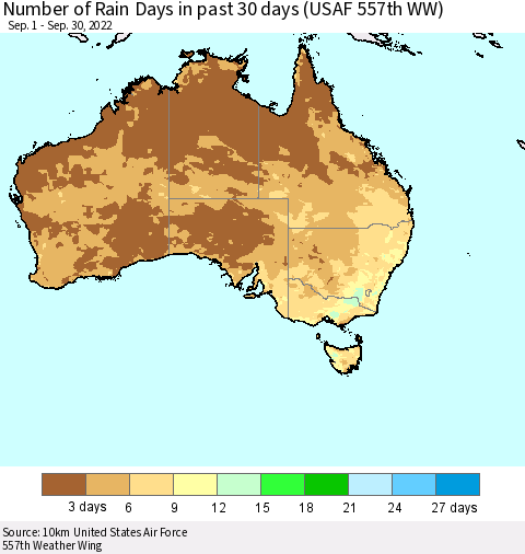 Australia Number of Rain Days in past 30 days (USAF 557th WW) 09/30/2022 Thematic Map For 9/26/2022 - 9/30/2022