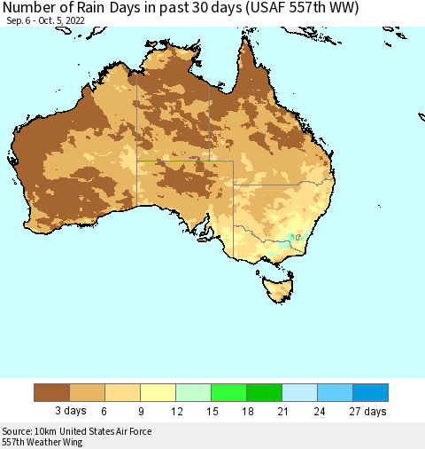 Australia Number of Rain Days in past 30 days (USAF 557th WW) 10/05/2022 Thematic Map For 10/1/2022 - 10/5/2022