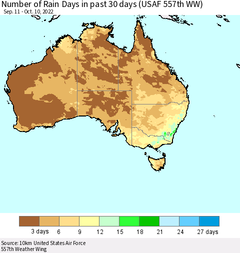 Australia Number of Rain Days in past 30 days (USAF 557th WW) 10/10/2022 Thematic Map For 10/6/2022 - 10/10/2022