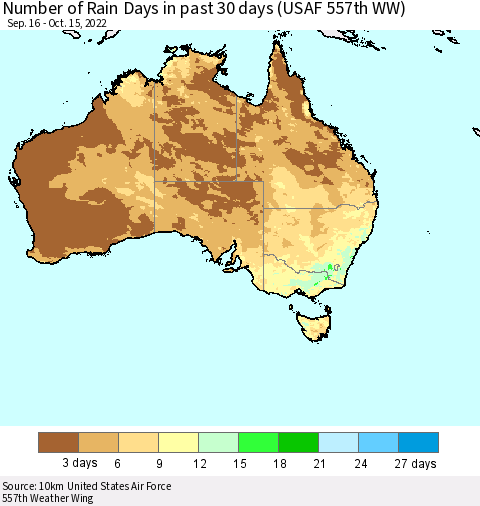 Australia Number of Rain Days in past 30 days (USAF 557th WW) 10/15/2022 Thematic Map For 10/11/2022 - 10/15/2022