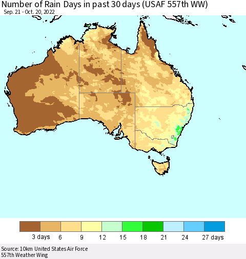 Australia Number of Rain Days in past 30 days (USAF 557th WW) 10/20/2022 Thematic Map For 10/16/2022 - 10/20/2022