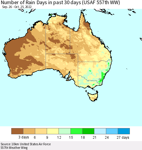 Australia Number of Rain Days in past 30 days (USAF 557th WW) 10/25/2022 Thematic Map For 10/21/2022 - 10/25/2022