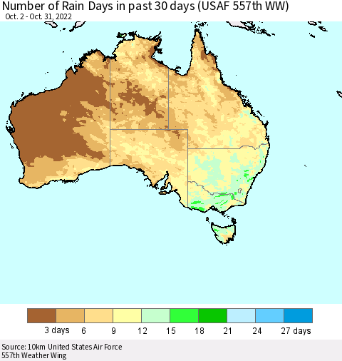 Australia Number of Rain Days in past 30 days (USAF 557th WW) 10/31/2022 Thematic Map For 10/26/2022 - 10/31/2022
