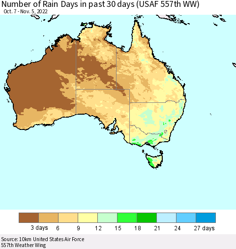 Australia Number of Rain Days in past 30 days (USAF 557th WW) 11/05/2022 Thematic Map For 11/1/2022 - 11/5/2022
