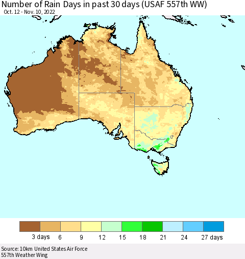 Australia Number of Rain Days in past 30 days (USAF 557th WW) 11/10/2022 Thematic Map For 11/6/2022 - 11/10/2022