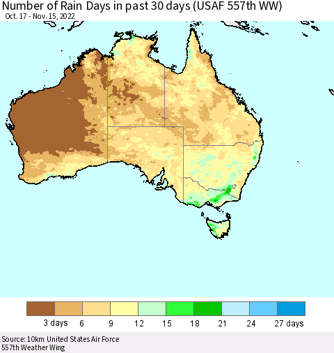 Australia Number of Rain Days in past 30 days (USAF 557th WW) 11/15/2022 Thematic Map For 11/11/2022 - 11/15/2022