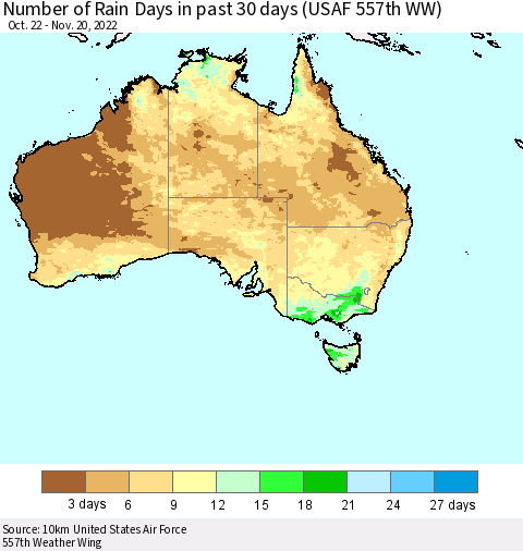 Australia Number of Rain Days in past 30 days (USAF 557th WW) 11/20/2022 Thematic Map For 11/16/2022 - 11/20/2022