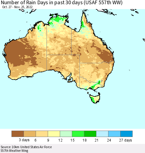 Australia Number of Rain Days in past 30 days (USAF 557th WW) 11/25/2022 Thematic Map For 11/21/2022 - 11/25/2022