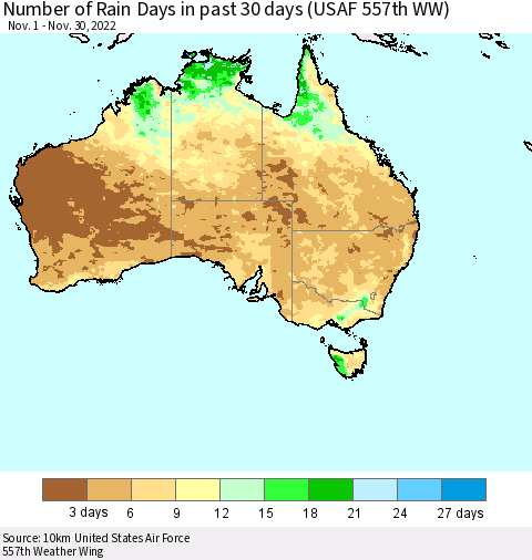 Australia Number of Rain Days in past 30 days (USAF 557th WW) 11/30/2022 Thematic Map For 11/26/2022 - 11/30/2022