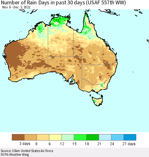 Australia Number of Rain Days in past 30 days (USAF 557th WW) 12/05/2022 Thematic Map For 12/1/2022 - 12/5/2022