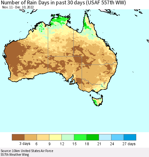 Australia Number of Rain Days in past 30 days (USAF 557th WW) 12/10/2022 Thematic Map For 12/6/2022 - 12/10/2022