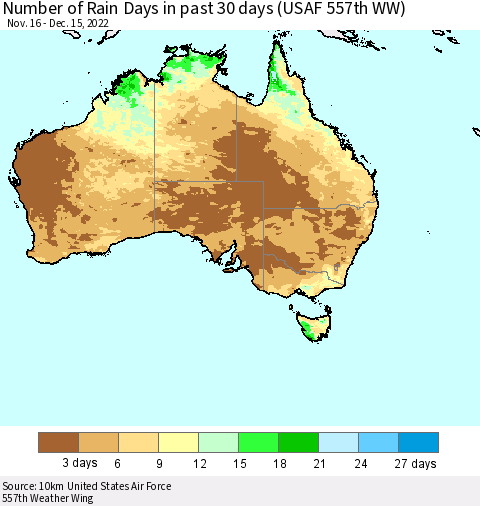 Australia Number of Rain Days in past 30 days (USAF 557th WW) 12/15/2022 Thematic Map For 12/11/2022 - 12/15/2022
