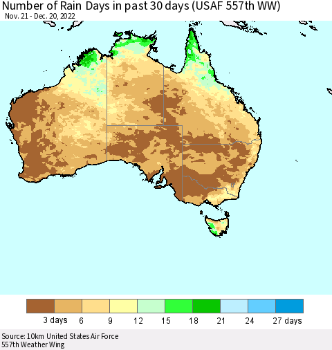 Australia Number of Rain Days in past 30 days (USAF 557th WW) 12/20/2022 Thematic Map For 12/16/2022 - 12/20/2022