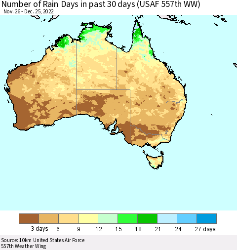 Australia Number of Rain Days in past 30 days (USAF 557th WW) 12/25/2022 Thematic Map For 12/21/2022 - 12/25/2022