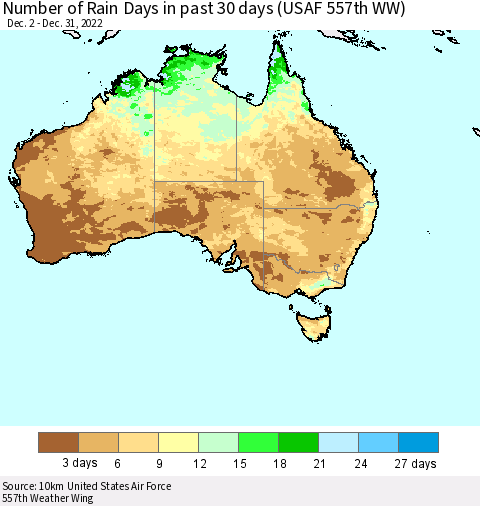 Australia Number of Rain Days in past 30 days (USAF 557th WW) 12/31/2022 Thematic Map For 12/26/2022 - 12/31/2022