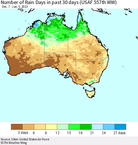 Australia Number of Rain Days in past 30 days (USAF 557th WW) 01/05/2023 Thematic Map For 1/1/2023 - 1/5/2023