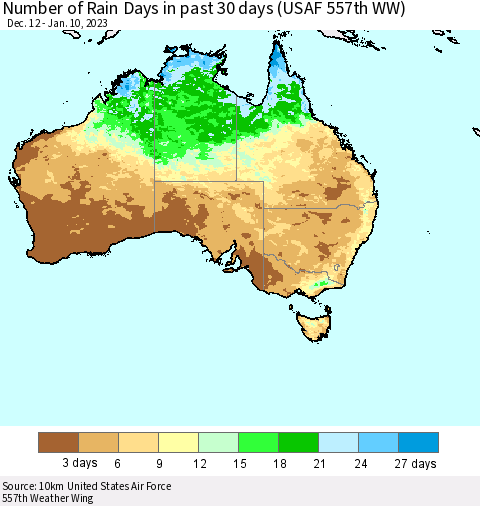 Australia Number of Rain Days in past 30 days (USAF 557th WW) 01/10/2023 Thematic Map For 1/6/2023 - 1/10/2023