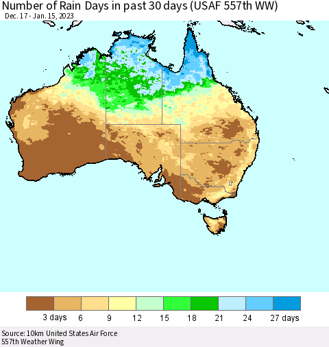 Australia Number of Rain Days in past 30 days (USAF 557th WW) 01/15/2023 Thematic Map For 1/11/2023 - 1/15/2023