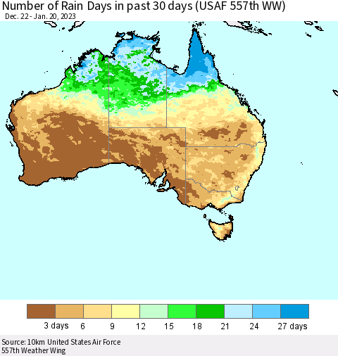 Australia Number of Rain Days in past 30 days (USAF 557th WW) 01/20/2023 Thematic Map For 1/16/2023 - 1/20/2023