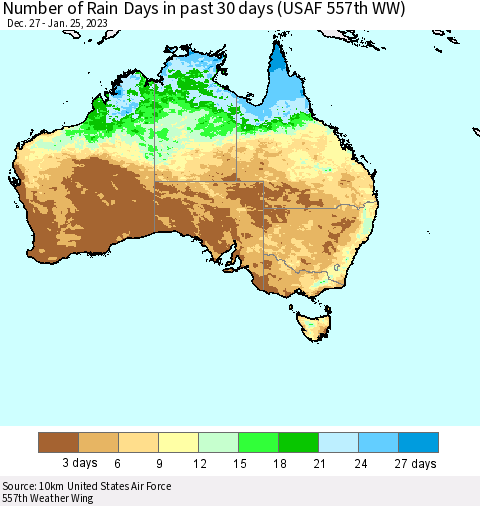 Australia Number of Rain Days in past 30 days (USAF 557th WW) 01/25/2023 Thematic Map For 1/21/2023 - 1/25/2023