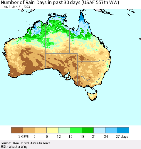 Australia Number of Rain Days in past 30 days (USAF 557th WW) 01/31/2023 Thematic Map For 1/26/2023 - 1/31/2023