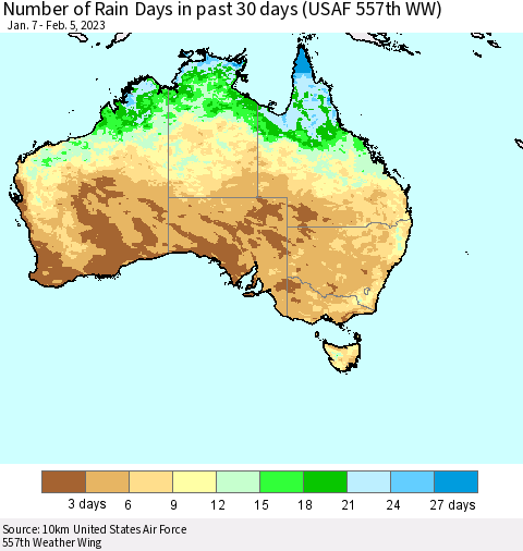 Australia Number of Rain Days in past 30 days (USAF 557th WW) 02/05/2023 Thematic Map For 2/1/2023 - 2/5/2023