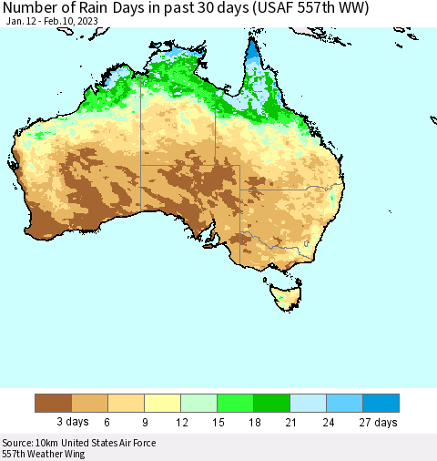 Australia Number of Rain Days in past 30 days (USAF 557th WW) 02/10/2023 Thematic Map For 2/6/2023 - 2/10/2023