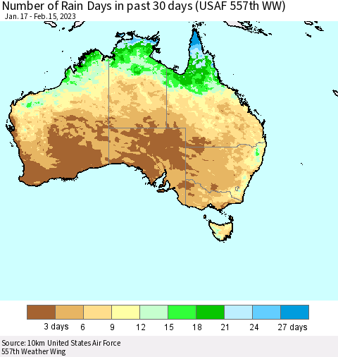 Australia Number of Rain Days in past 30 days (USAF 557th WW) 02/15/2023 Thematic Map For 2/11/2023 - 2/15/2023