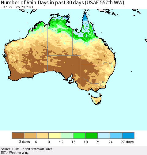 Australia Number of Rain Days in past 30 days (USAF 557th WW) 02/20/2023 Thematic Map For 2/16/2023 - 2/20/2023