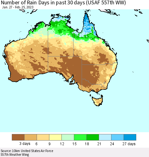 Australia Number of Rain Days in past 30 days (USAF 557th WW) 02/25/2023 Thematic Map For 2/21/2023 - 2/25/2023