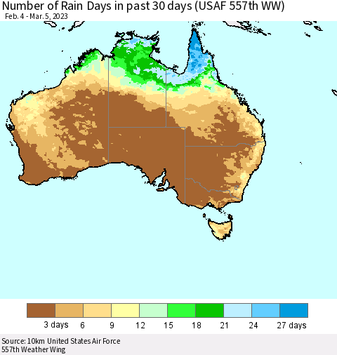 Australia Number of Rain Days in past 30 days (USAF 557th WW) 03/05/2023 Thematic Map For 3/1/2023 - 3/5/2023