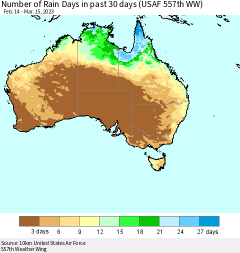 Australia Number of Rain Days in past 30 days (USAF 557th WW) 03/15/2023 Thematic Map For 3/11/2023 - 3/15/2023