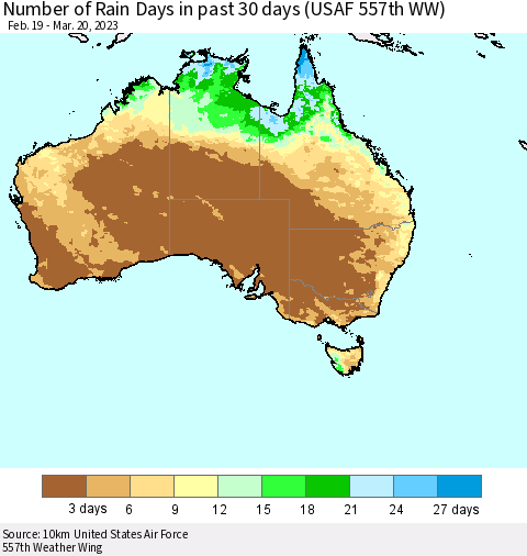 Australia Number of Rain Days in past 30 days (USAF 557th WW) 03/20/2023 Thematic Map For 3/16/2023 - 3/20/2023