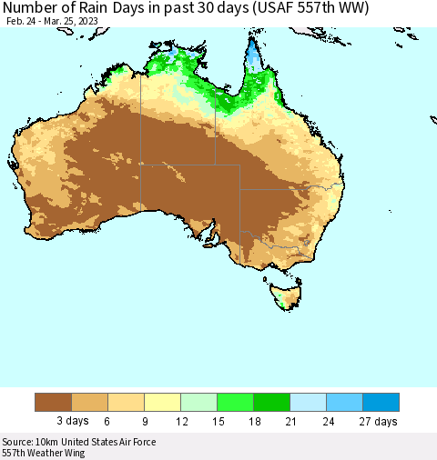 Australia Number of Rain Days in past 30 days (USAF 557th WW) 03/25/2023 Thematic Map For 3/21/2023 - 3/25/2023