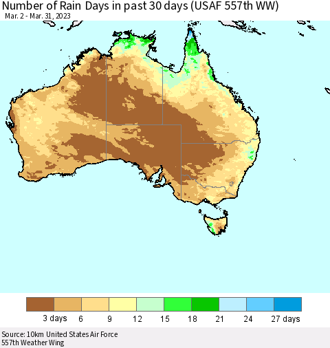 Australia Number of Rain Days in past 30 days (USAF 557th WW) 03/31/2023 Thematic Map For 3/26/2023 - 3/31/2023