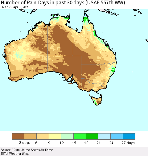 Australia Number of Rain Days in past 30 days (USAF 557th WW) 04/05/2023 Thematic Map For 4/1/2023 - 4/5/2023