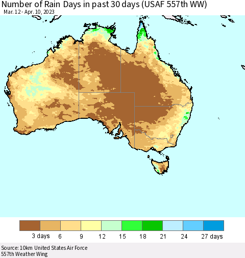 Australia Number of Rain Days in past 30 days (USAF 557th WW) 04/10/2023 Thematic Map For 4/6/2023 - 4/10/2023