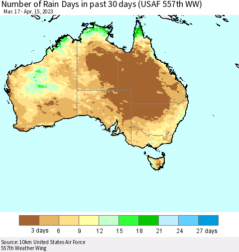 Australia Number of Rain Days in past 30 days (USAF 557th WW) 04/15/2023 Thematic Map For 4/11/2023 - 4/15/2023