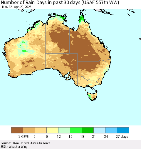 Australia Number of Rain Days in past 30 days (USAF 557th WW) 04/20/2023 Thematic Map For 4/16/2023 - 4/20/2023