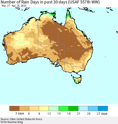 Australia Number of Rain Days in past 30 days (USAF 557th WW) 04/25/2023 Thematic Map For 4/21/2023 - 4/25/2023