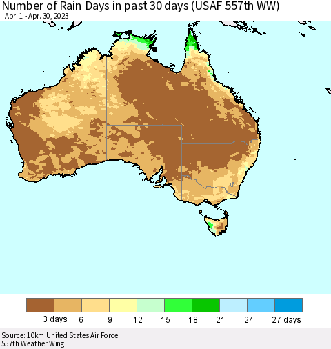 Australia Number of Rain Days in past 30 days (USAF 557th WW) 04/30/2023 Thematic Map For 4/26/2023 - 4/30/2023