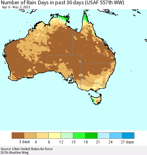 Australia Number of Rain Days in past 30 days (USAF 557th WW) 05/05/2023 Thematic Map For 5/1/2023 - 5/5/2023