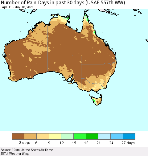 Australia Number of Rain Days in past 30 days (USAF 557th WW) 05/10/2023 Thematic Map For 5/6/2023 - 5/10/2023